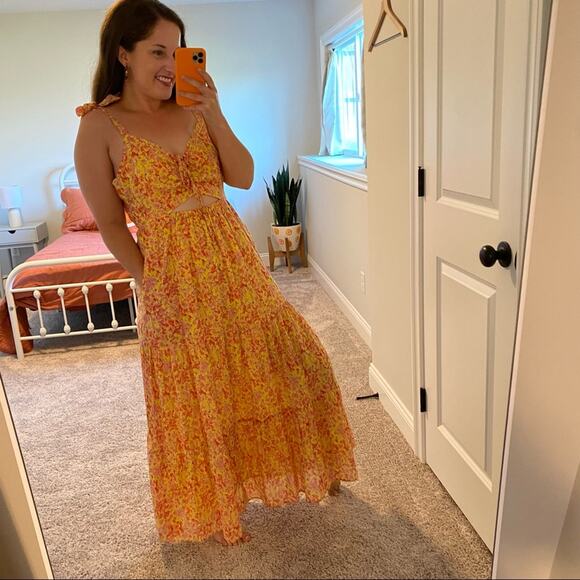 Banjanan Yellow Pink Floral Cutout Cotton Maxi Dress Small - Picture 2 of 16